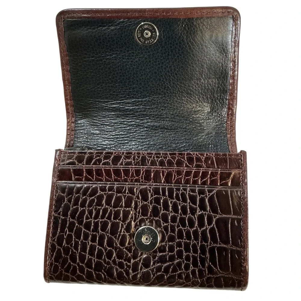 Brighton Woven Houndstooth Croc Embossed Leather Card‎ Case Wallet Brown Tan